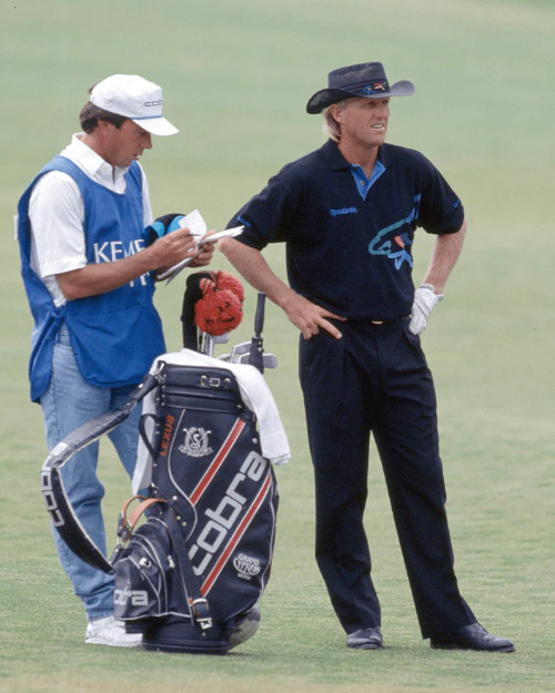 Golfer and caddie on the course, with a Cobra golf bag. The golfer wears a black outfit with a signature shark logo and a hat.