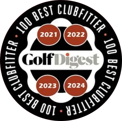 A circular badge reads "Golf Digest 100 Best Clubfitter" with years 2021, 2022, 2023, and 2024 displayed in red circles.