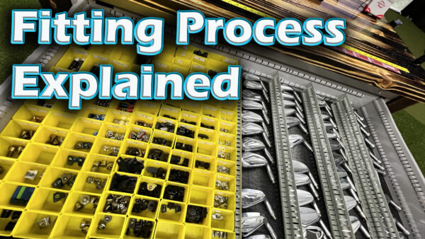 A variety of golf club heads and small parts are organized in trays, with the text "Fitting Process Explained" overlaid at the top.