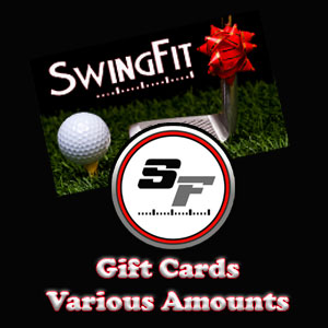 SwingFit gift card image featuring a golf club with a red bow, a golf ball on grass, and the text "Gift Cards Various Amounts.