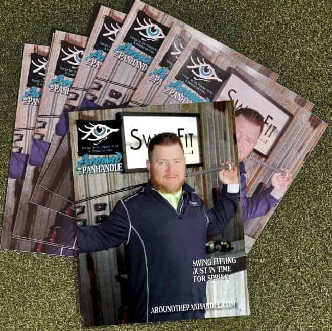A stack of magazines with a cover featuring a man holding exercise equipment. The text reads: "SWING FIT JUST IN TIME FOR SPRING! AROUND THE PANHANDLE.