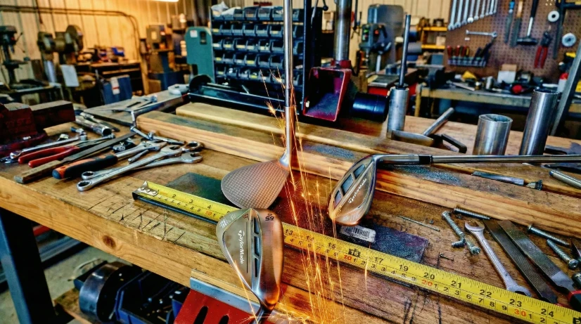 Sparks fly as a metal golf club head is being ground on a workbench surrounded by tools, wrenches, and a measuring tape in a workshop.