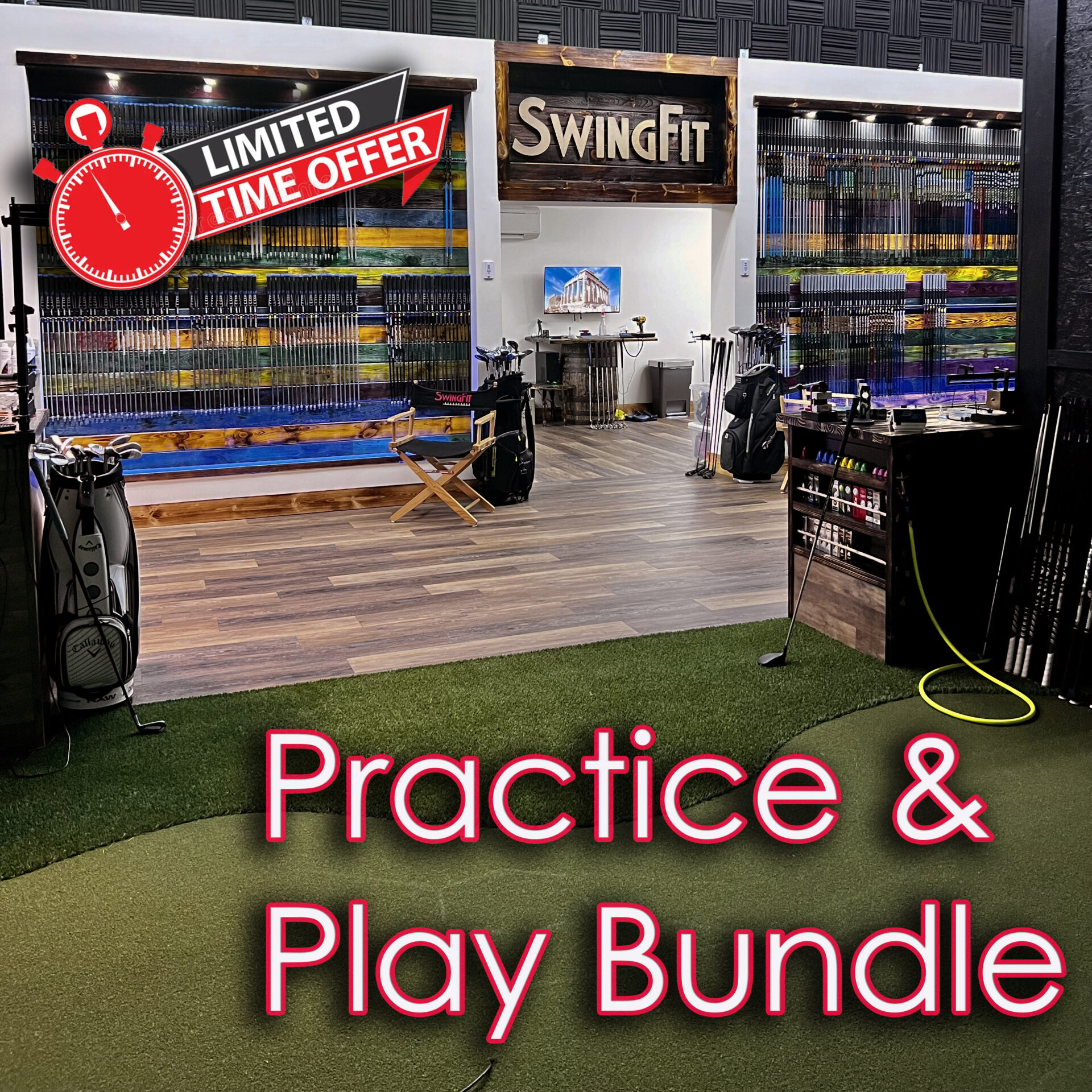 Golf store interior with club racks, a "SwingFit" sign, golf bags, and "Practice & Play Bundle" and "Limited Time Offer" text overlaid on the image.