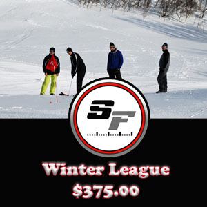 Four people stand on a snowy field with winter sports equipment; text reads "Winter League $375.00" below a circular logo with "SF" in the center.